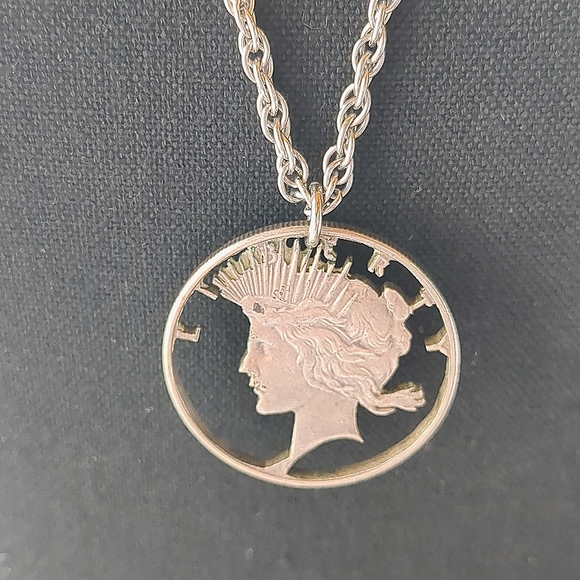 VTG 60s Silver Liberty Dollar Necklace, Pendant Custom Cut Out Head Authentic - Picture 2 of 6